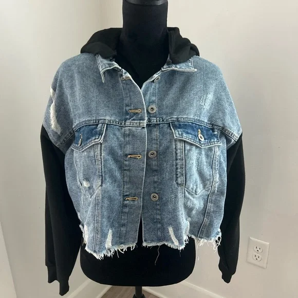 Highway Jeans Distressed Denim Jacket with Black Hood and Sleeves Distressed - Picture 1 of 10